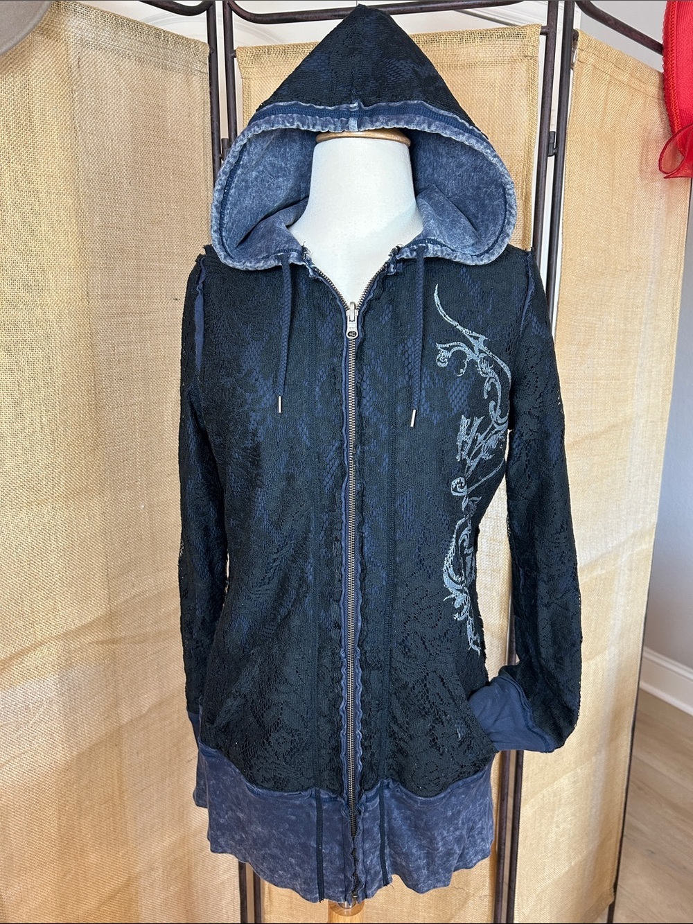 Y2K Harley Davidson Women's Reversible Full Zip Hoodie Blue Black Lace overlay M - Picture 3 of 16